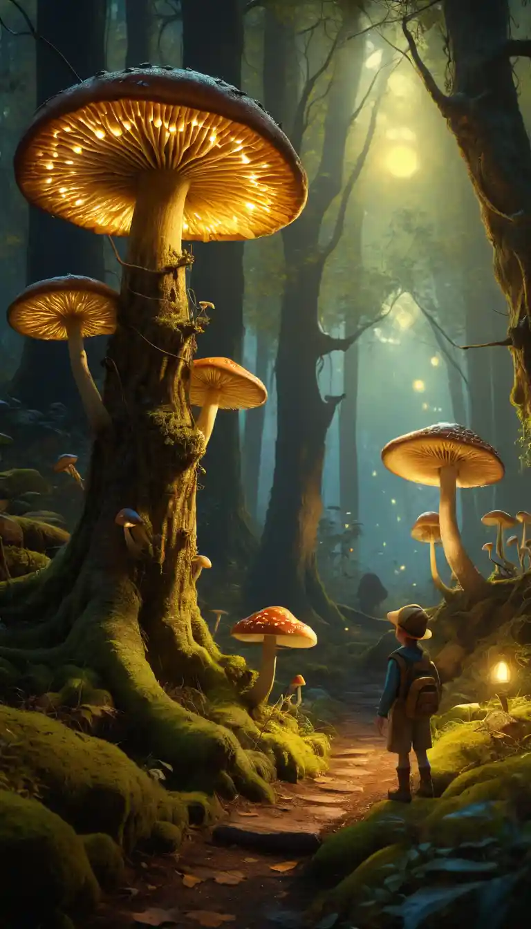 Foresta incantata con funghi luminosi e antiche querce