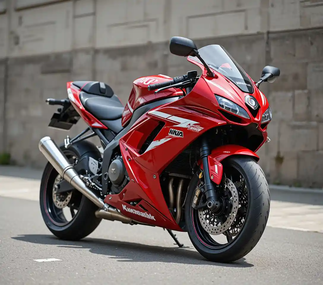 Red and white sport motorcycle parked by brick wall