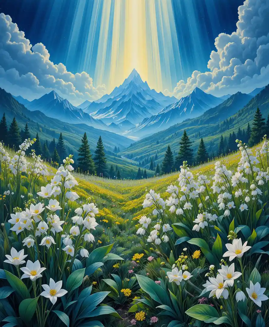 Sunlit meadow of white flowers before distant mountains