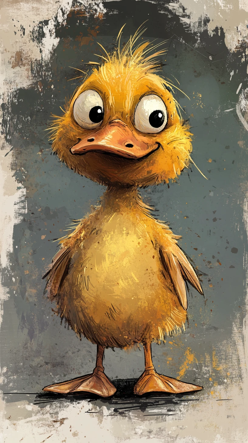 Round duck portrait with expressive eyes in watercolor ink