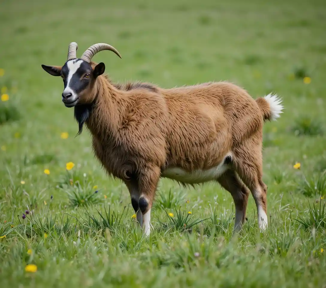 Brown and white goat standing on green summer pasture