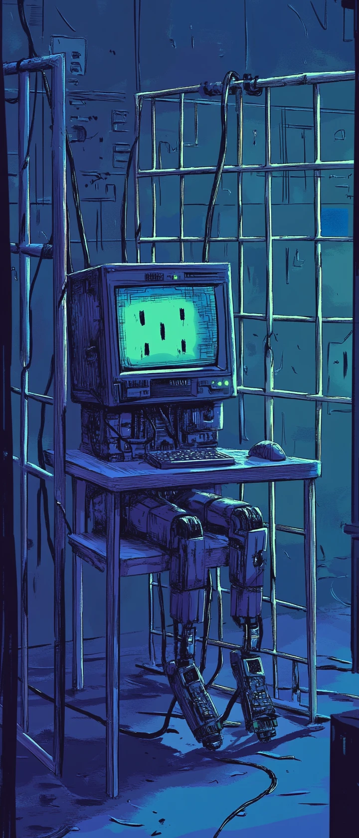 Sad Cartoon Computer Being Repaired Behind Prison Bars
