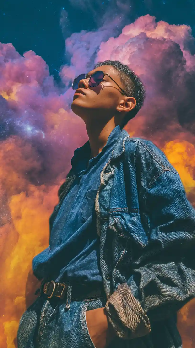 Androgynous figure in cosmic vortex with glowing backlight