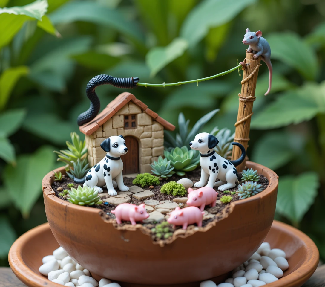 Miniature garden with dalmatian puppies and tiny house