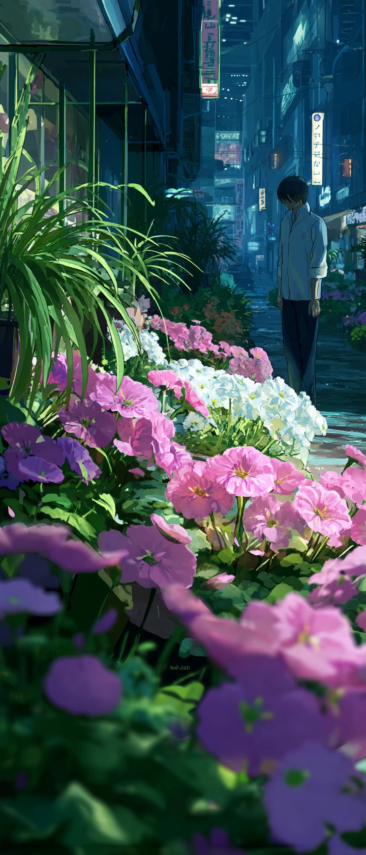 Anime gardener with glowing flowers sensing a lonely passerby