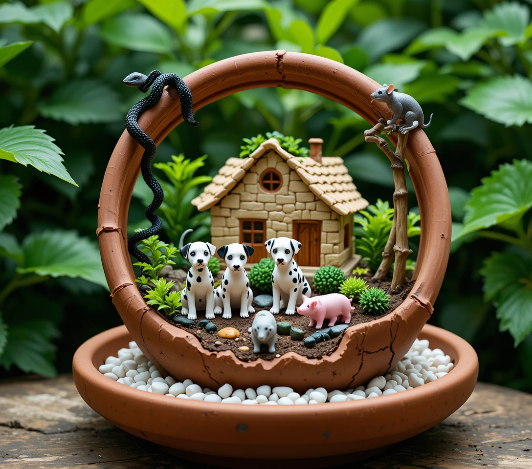 Miniature garden in broken flowerpot with animal figurines