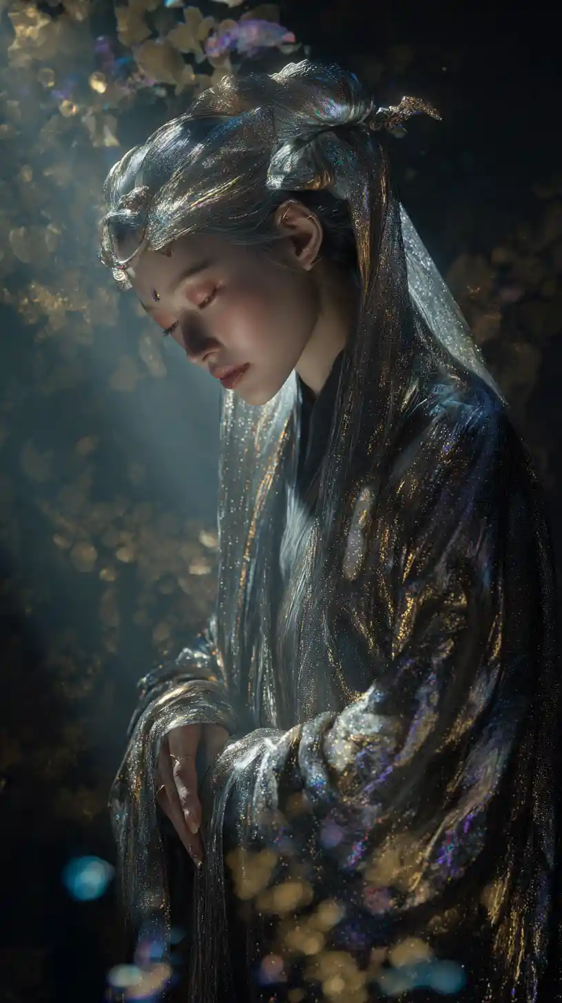 Ancient Silk Weaver Spinning Celestial Threads In A Cave