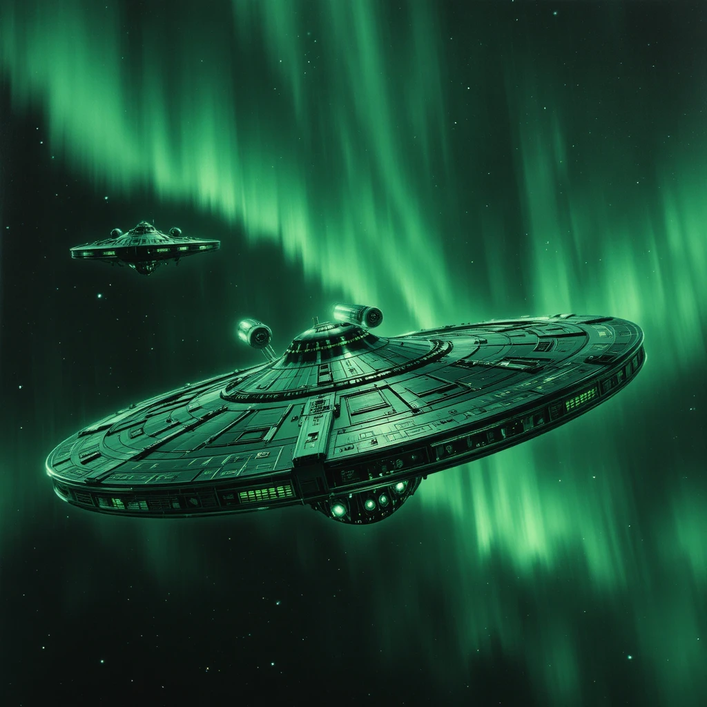 Vintage green starship chasing an enemy vessel in space