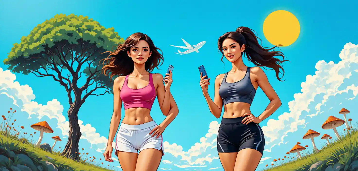 Two athletic young women posing with smartphones outdoors