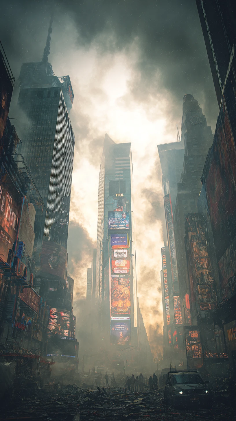 Apocalyptic Times Square cityscape in dramatic aerial view