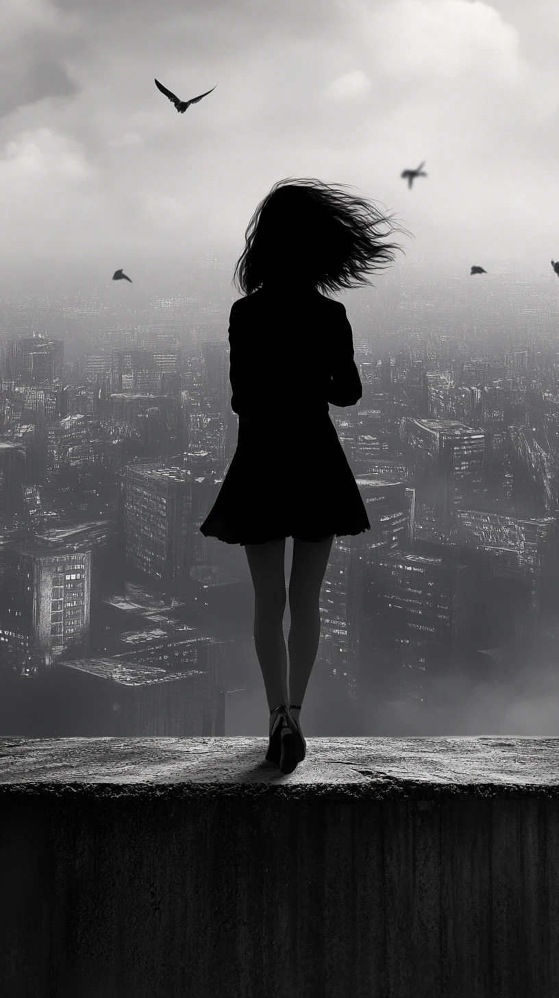 Girl on a rooftop ledge above a vast futuristic city