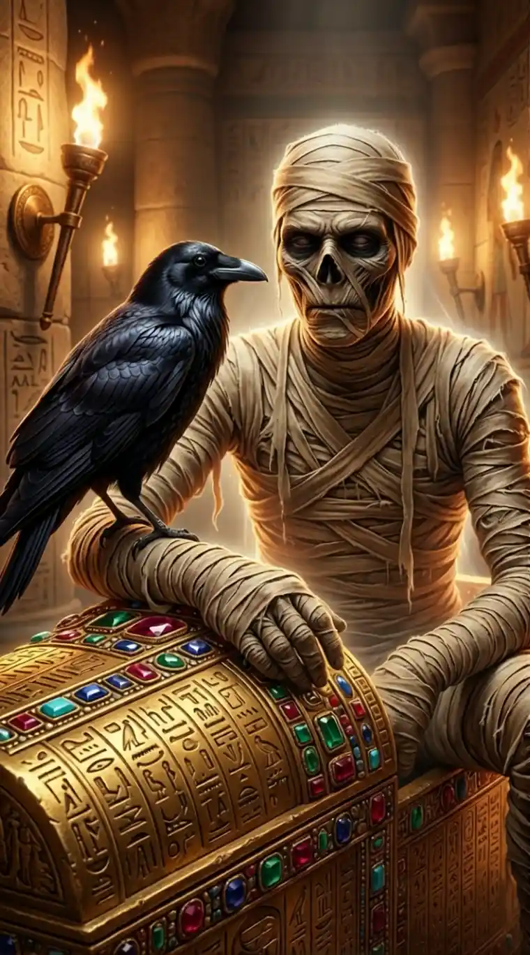 Antica mummia con corvo su sarcofago dorato tempestato di gioielli