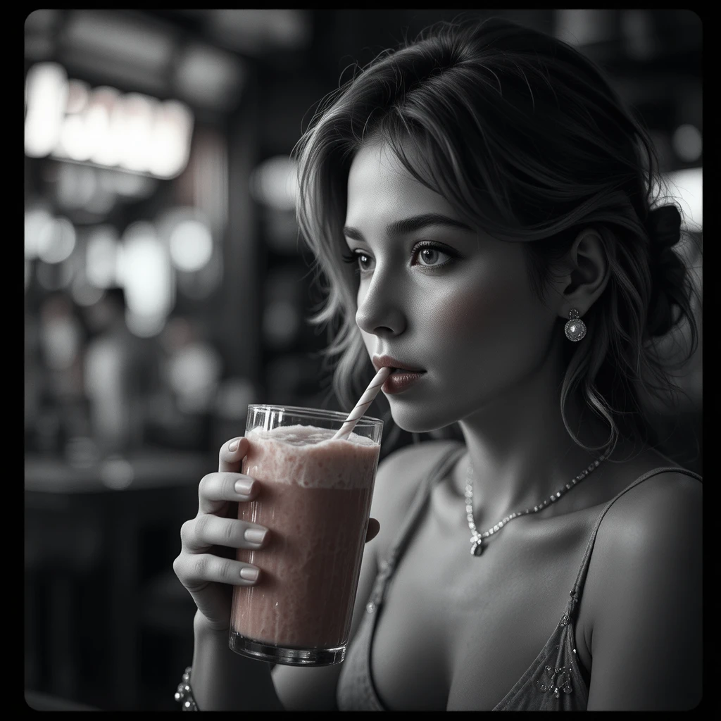 Woman drinking a colorful strawberry milkshake in monochrome