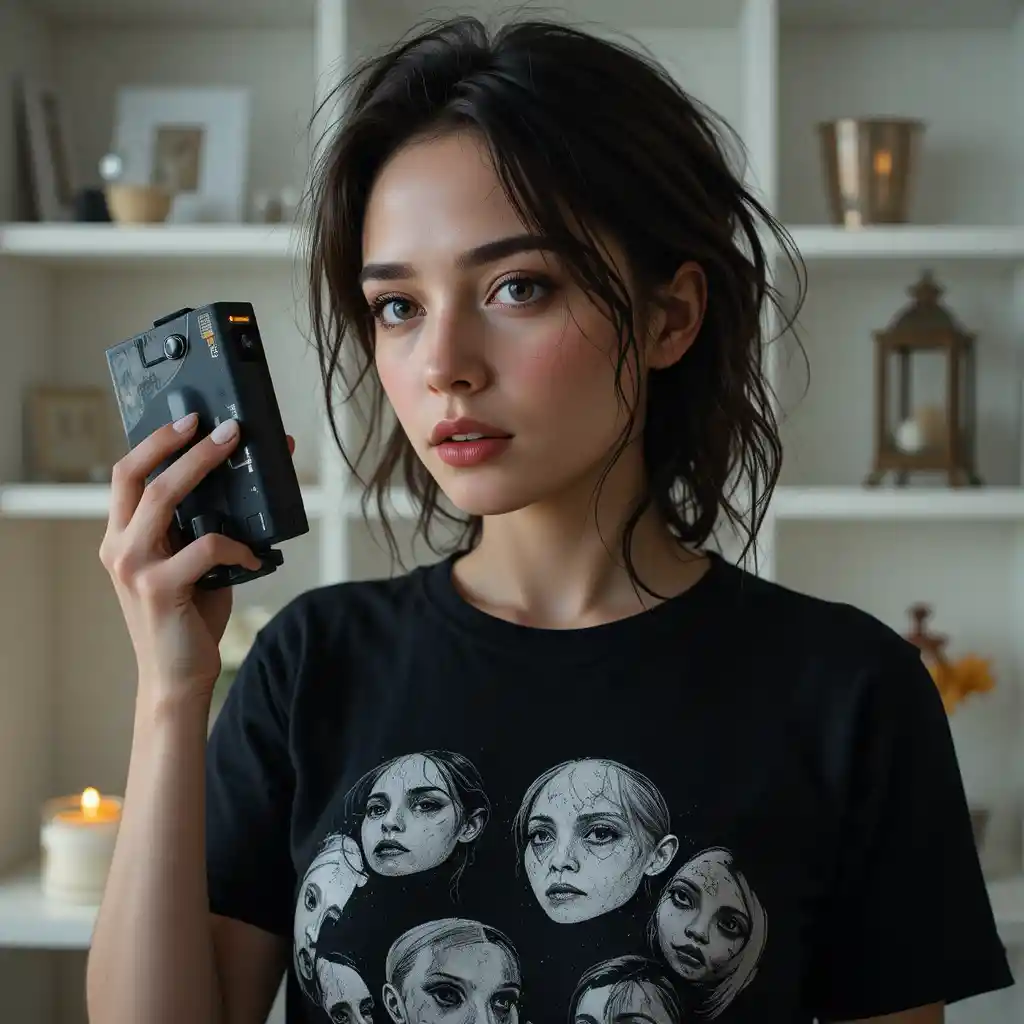 Pensive European woman with device in soft indoor portrait