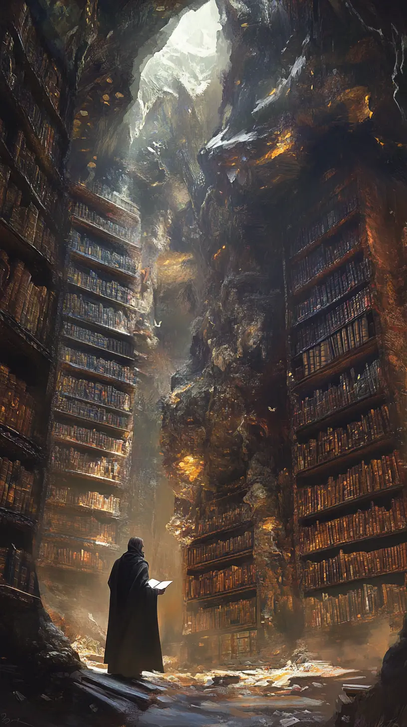 Savant encapuchonné lisant dans une bibliothèque géode au clair de lune