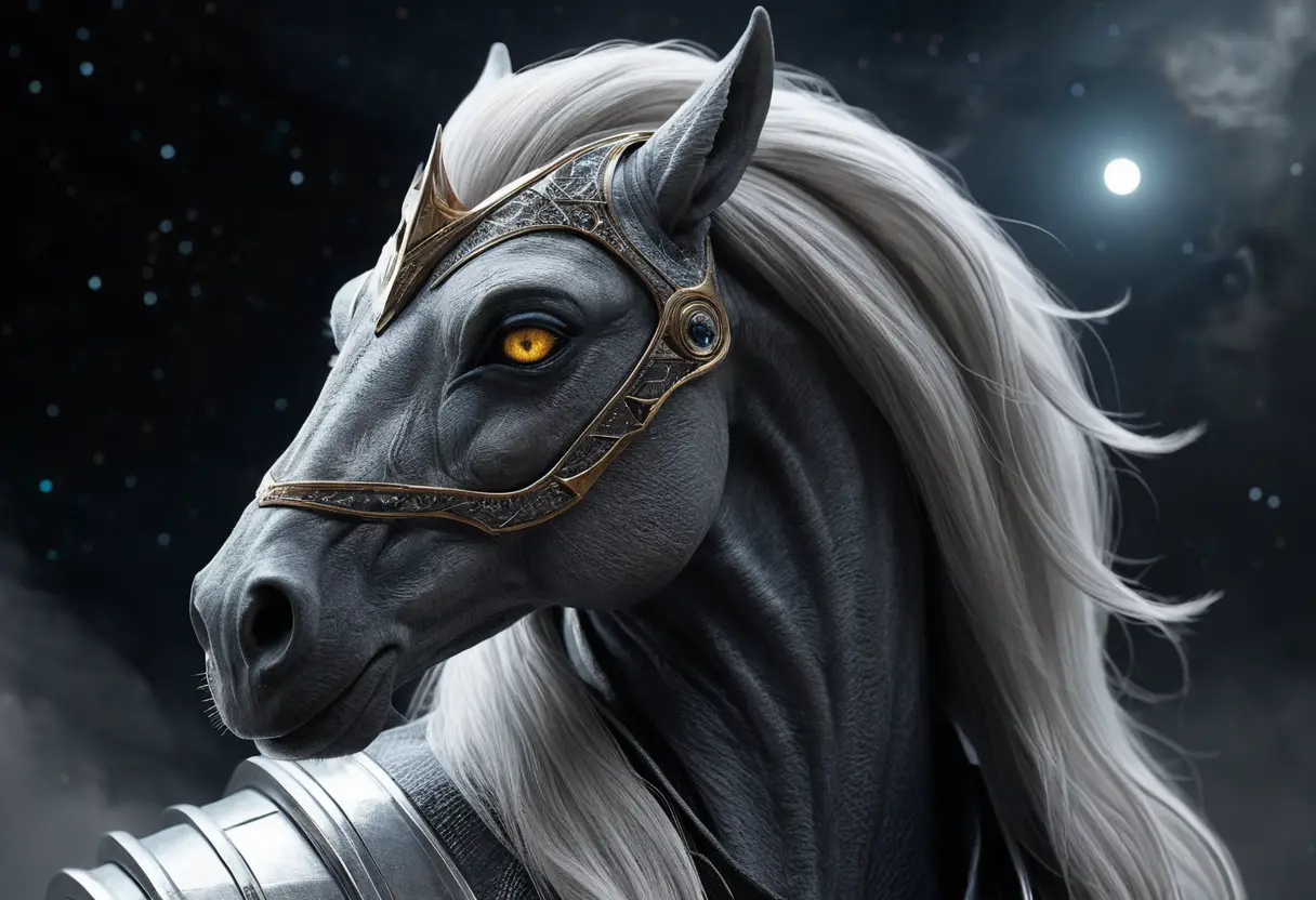 Close up of a cosmic eyed horse with misty background
