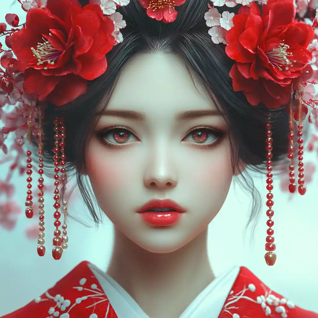 Geisha inspired anime girl with red floral hair ornaments