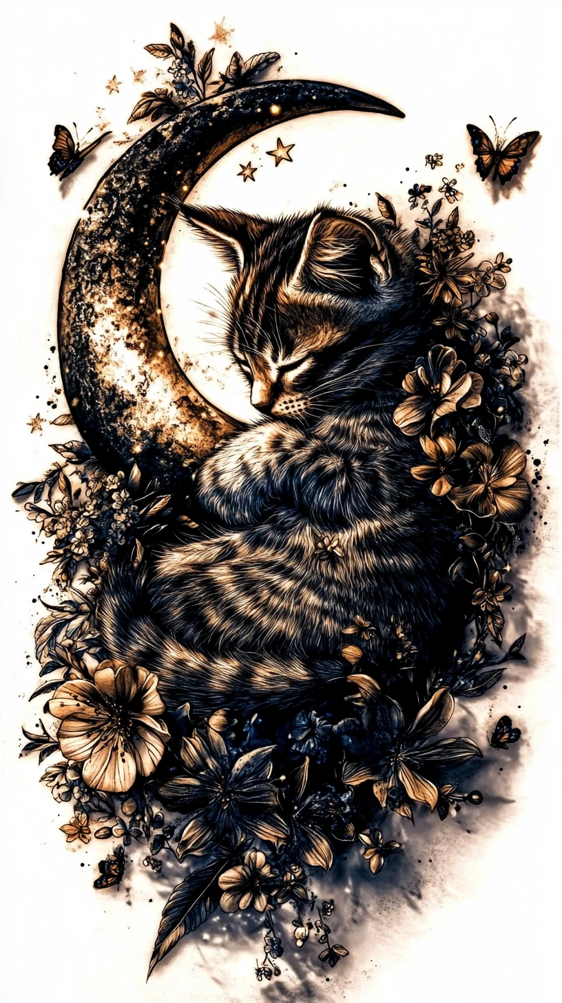 Delicate kitten curled around a crescent moon with florals