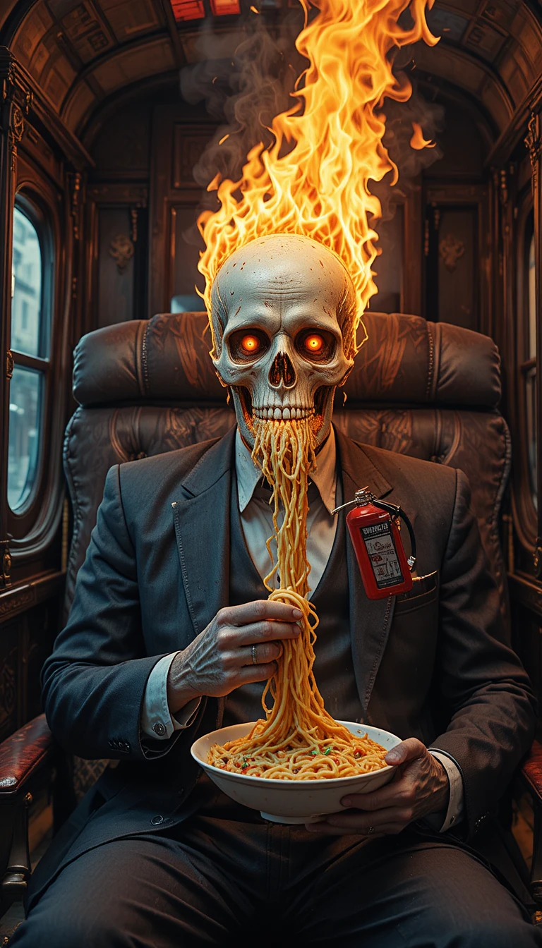 Glowing Skull In A Suit Eating Flaming Instant Noodles