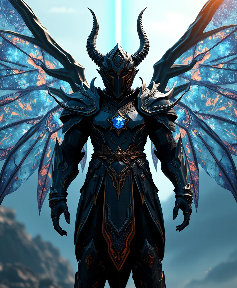 Celestial horned warrior with radiant cosmic wings