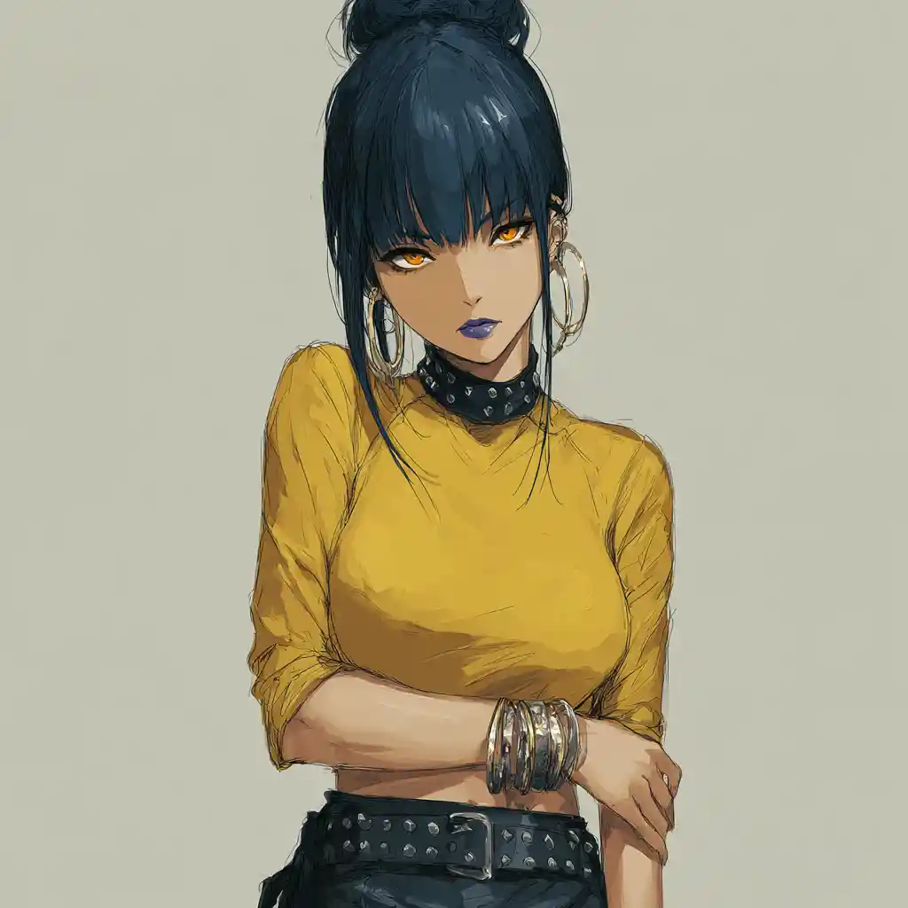 Blue skinned anime woman in yellow top with intense gaze