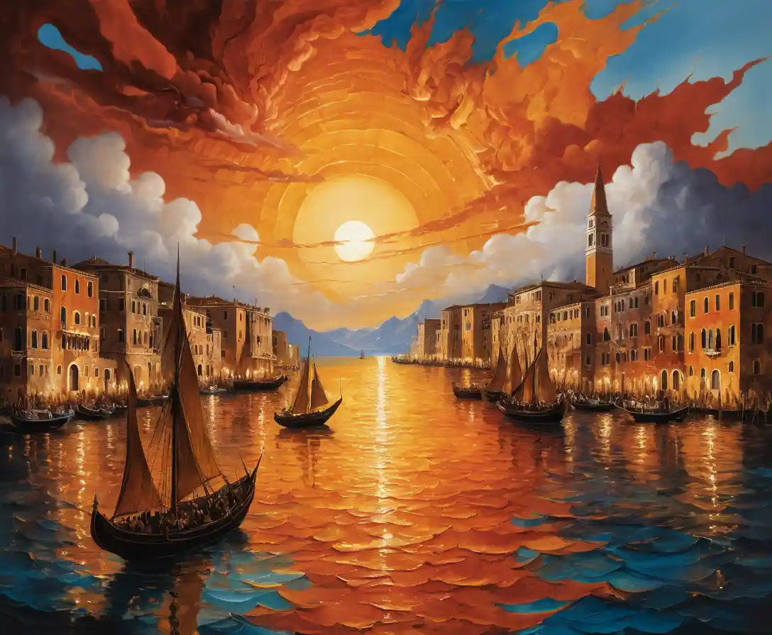 Venetian harbor sailboats under blazing impasto sunset sky