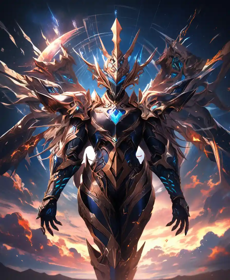 Celestial armored warrior with radiant star core and galaxy wings
