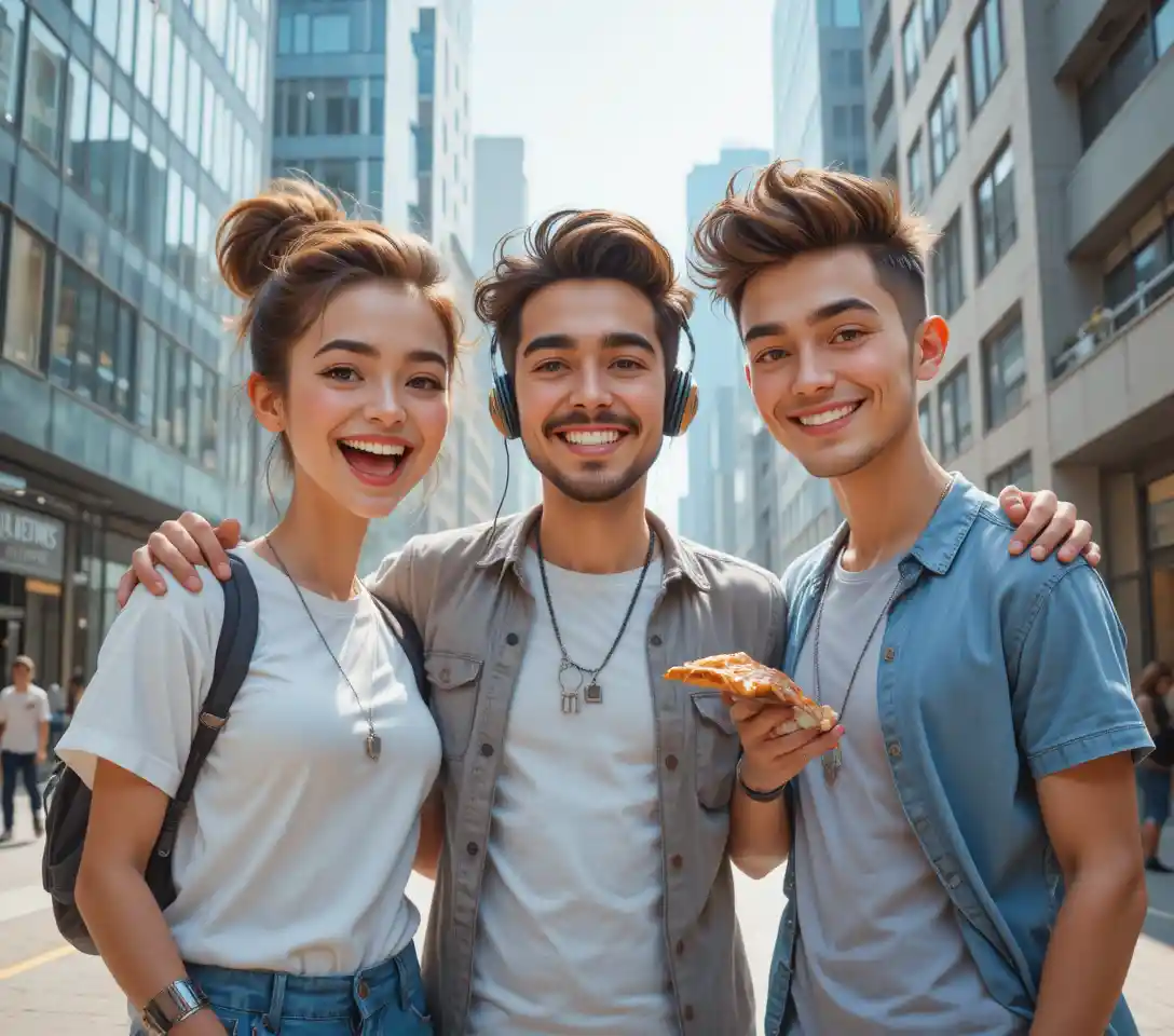 Young friends laughing together in a modern city setting
