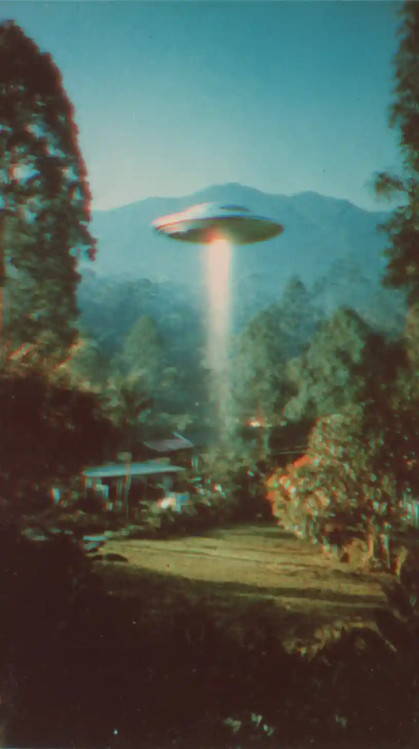 Shape shifting ufo hovering over lush alien like forest