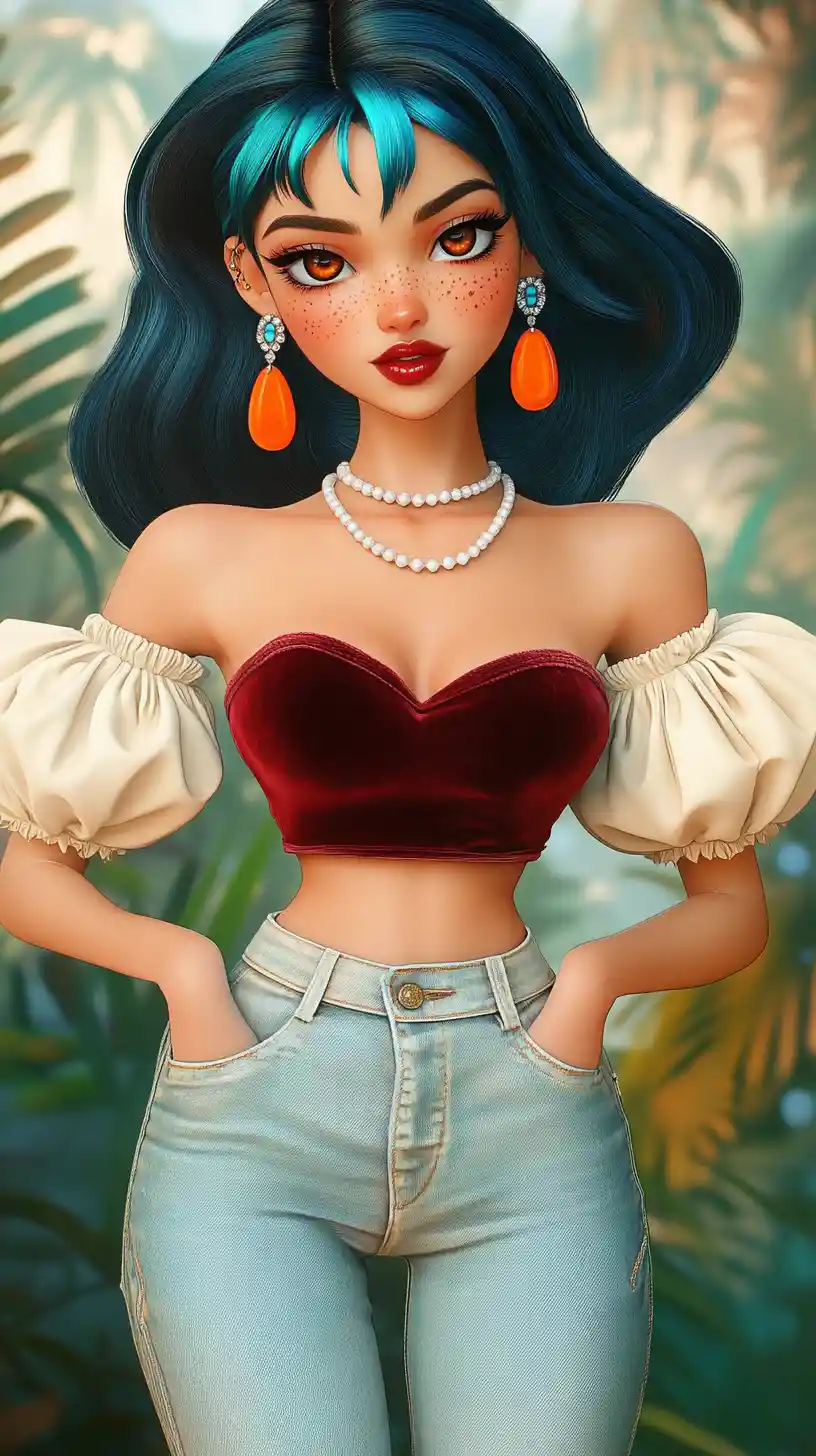 Crimson haired anime woman in cream puff sleeve top