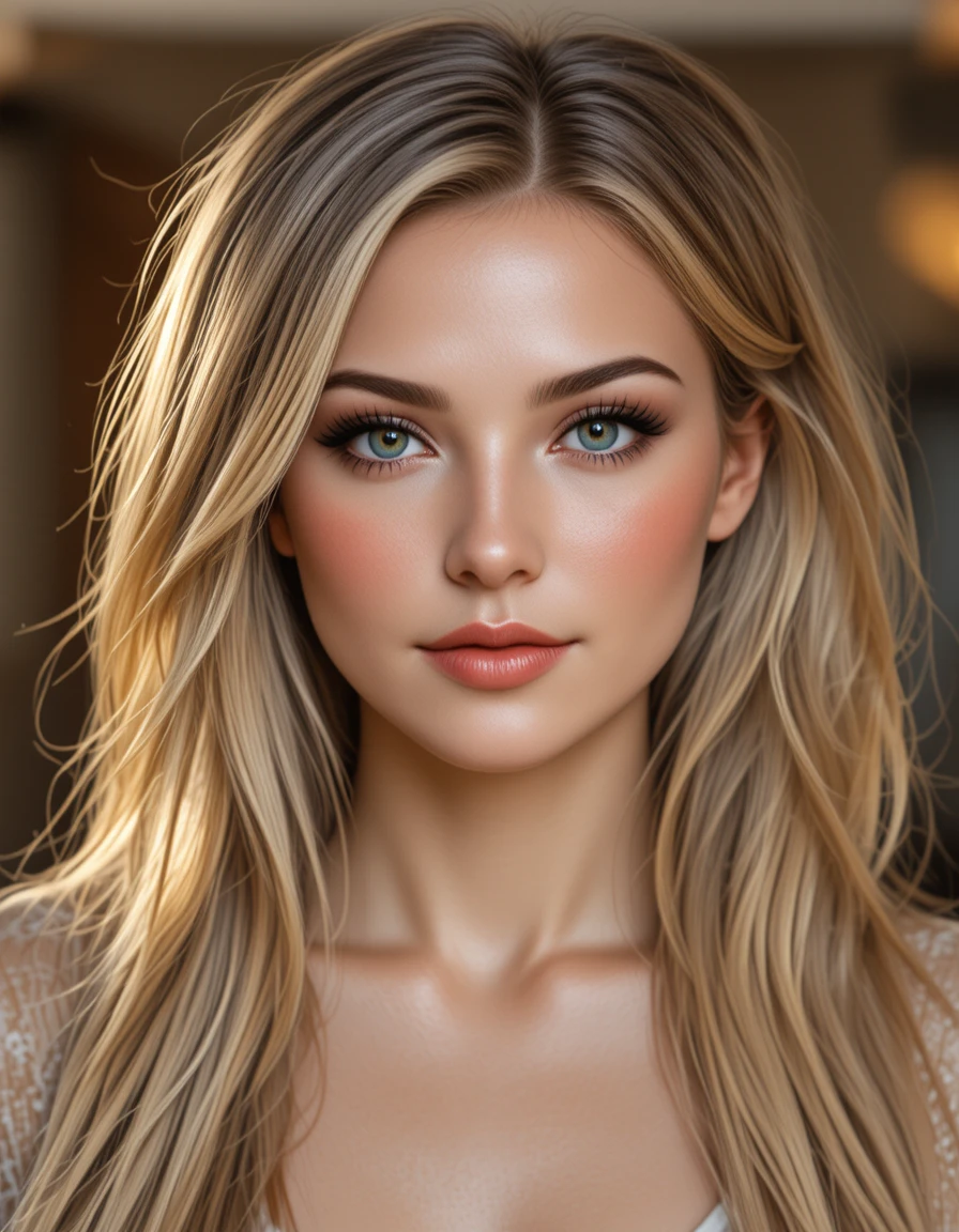 Flirty blonde girl headshot with soft green eyes