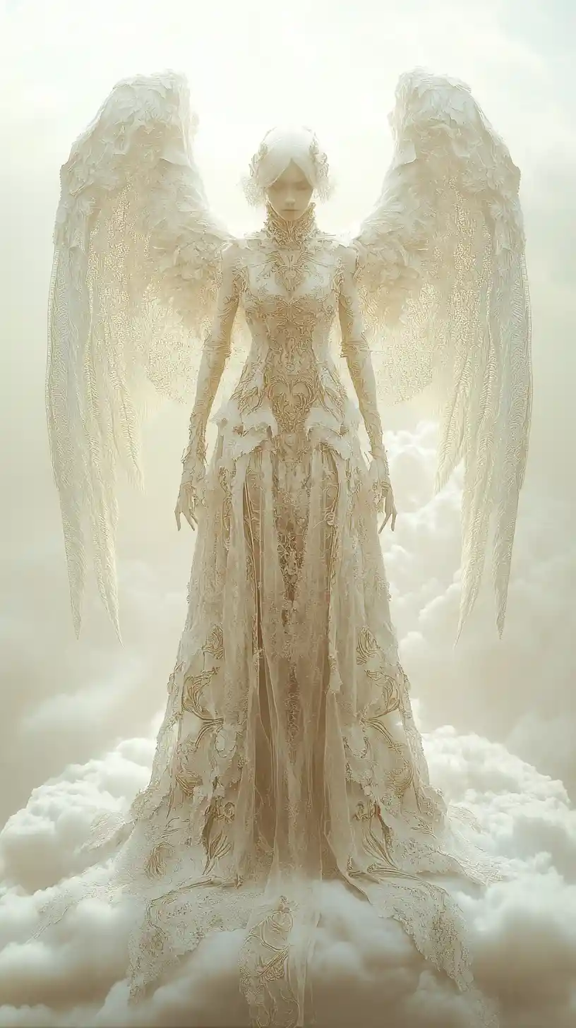 Surreal angelic woman standing on a vast white cloud