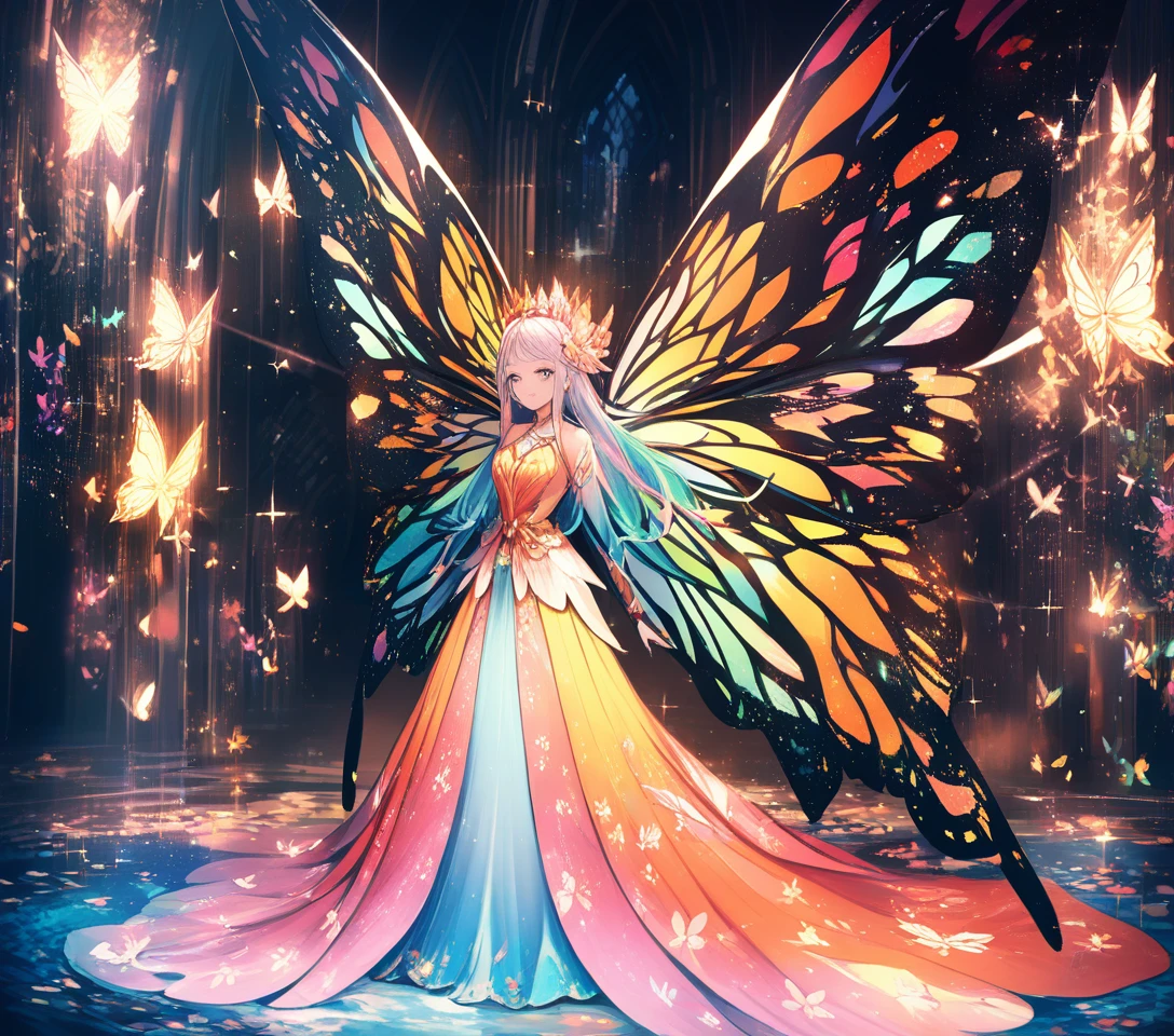 Rainbow haired fairy girl in a glowing butterfly gown
