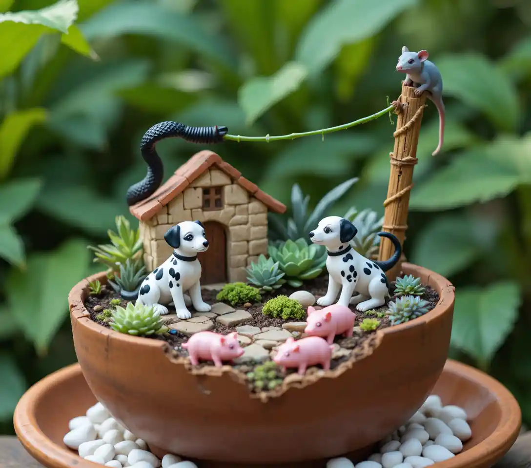 Miniature garden with dalmatian puppies and tiny house