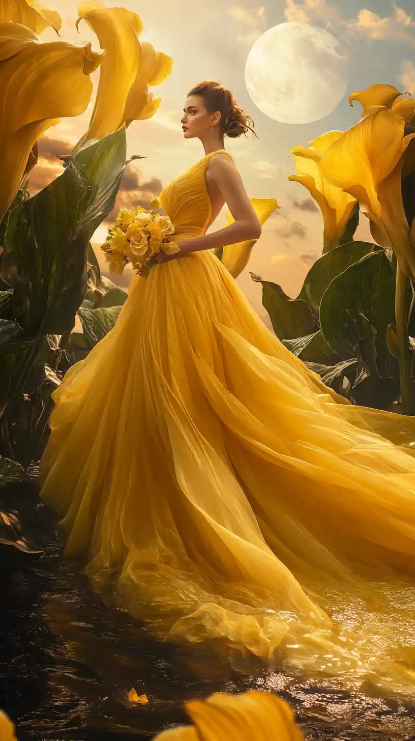 Elegant woman in yellow gown gliding across moonlit lake