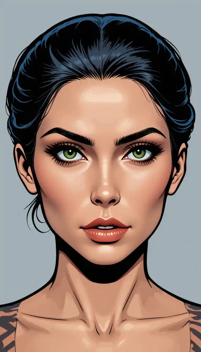 Retrato em close de mulher com olhos verdes sobre fundo cinza