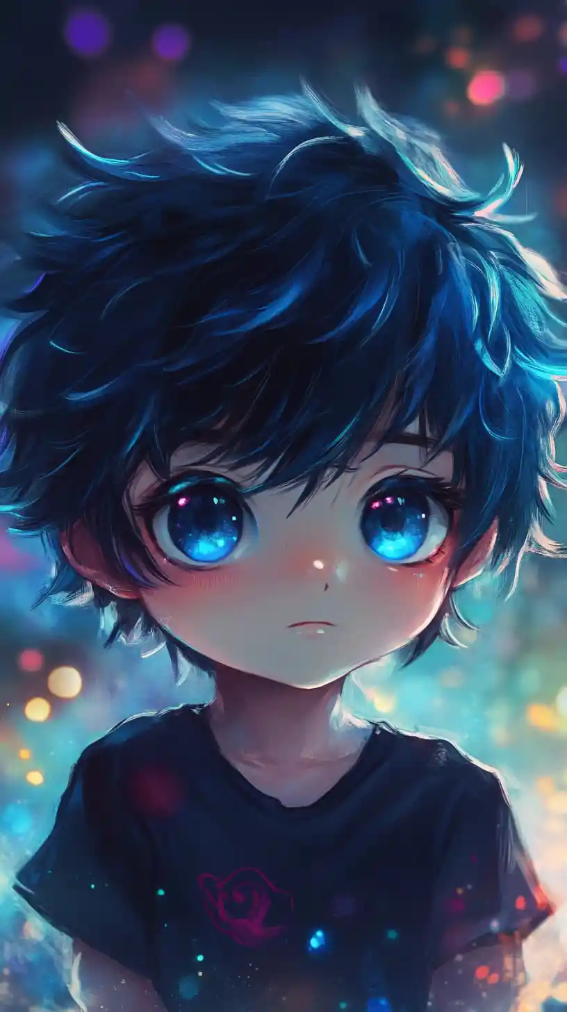 Chibi anime boy with dark blue hair in forest bokeh