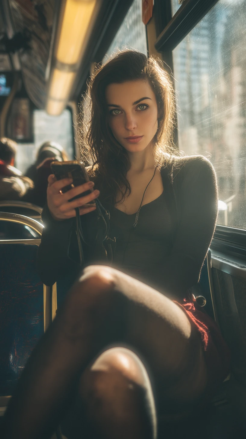 Woman on a morning bus absorbed in her smartphone