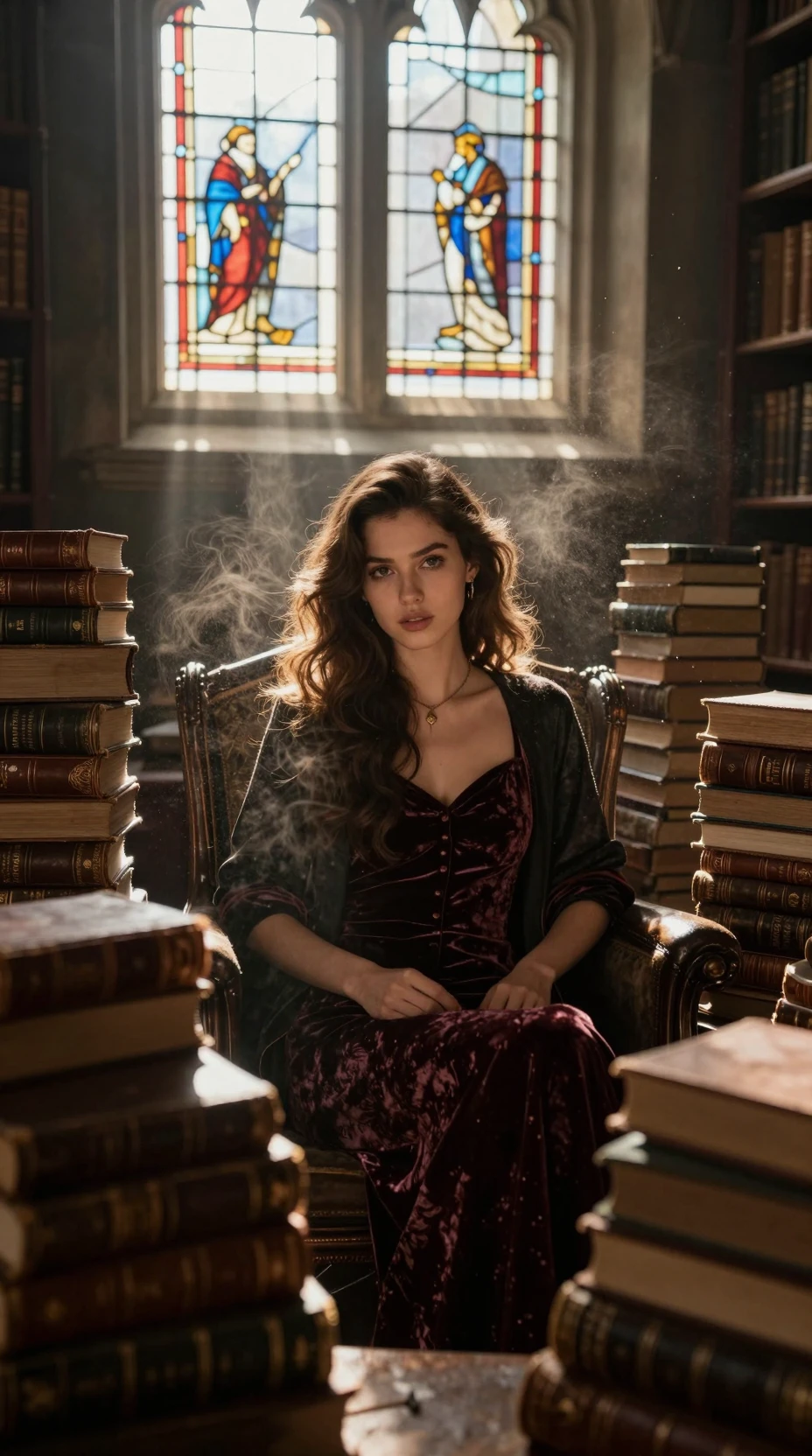 Young woman in a sunlit gothic library with dust motes