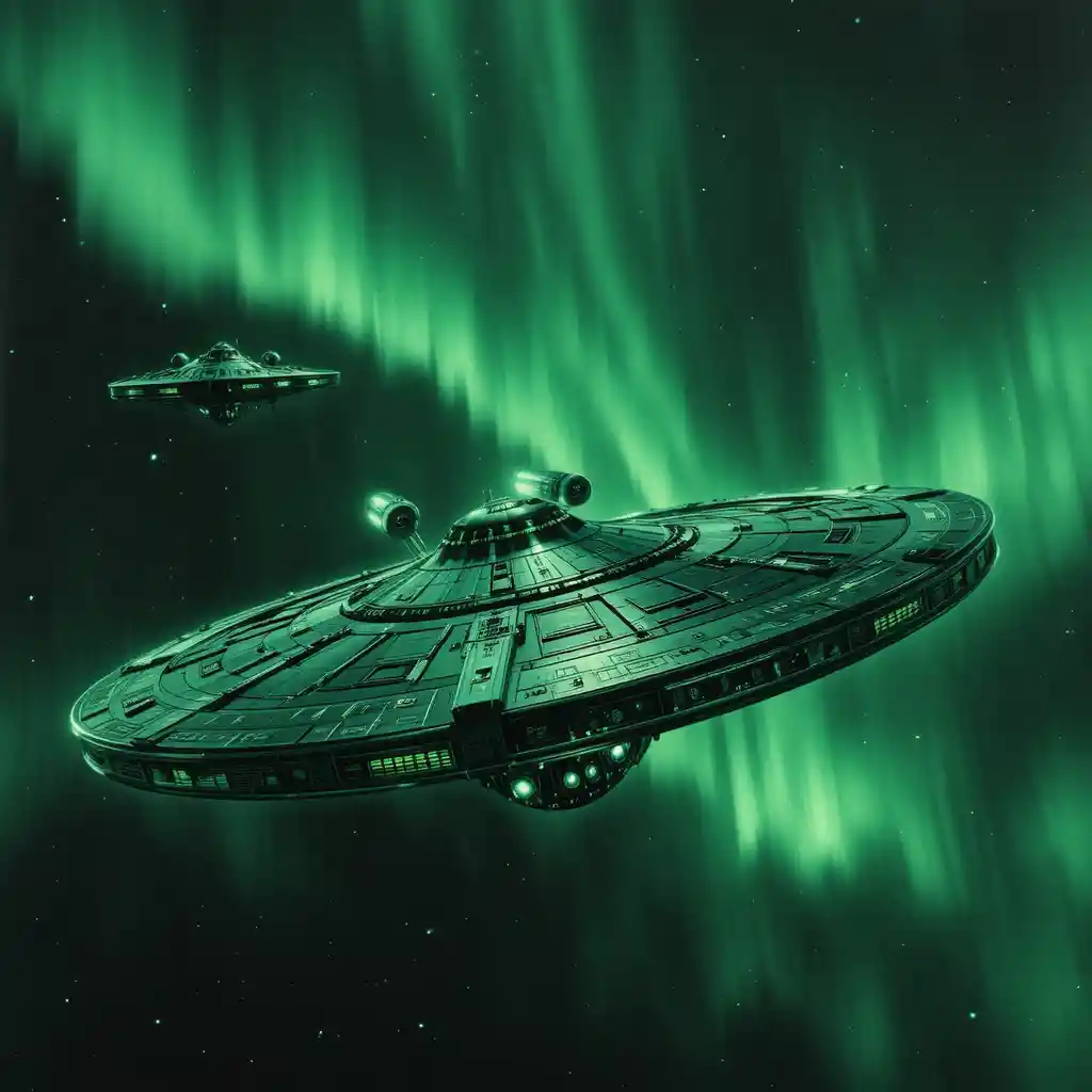 Vintage green starship chasing an enemy vessel in space