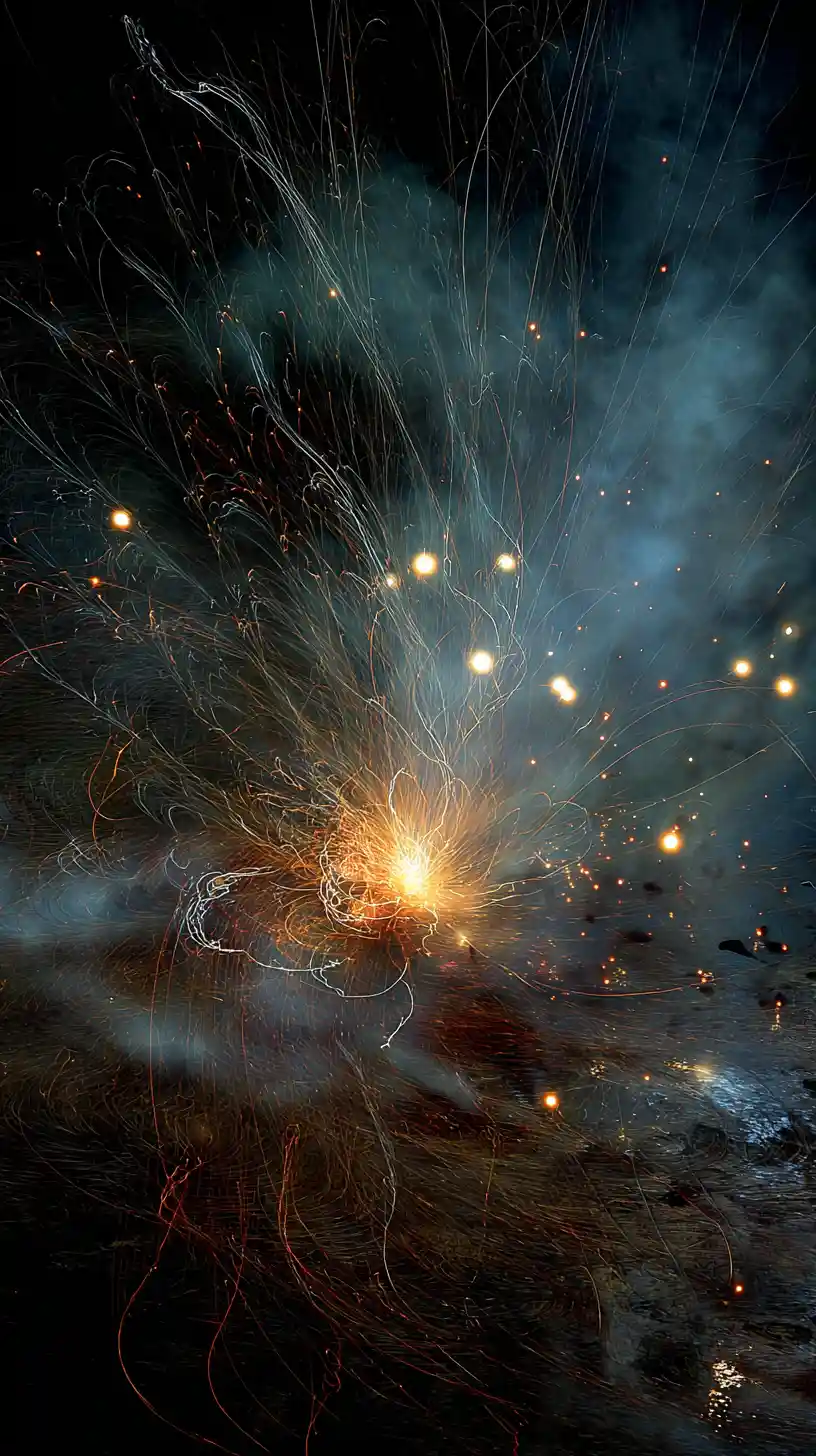 Surreal anvil scene where flies dance like sparks in air