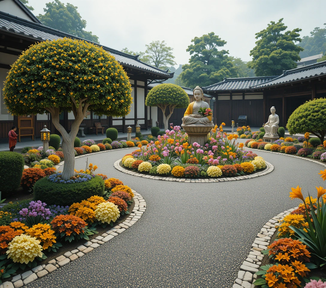 Japanese garden courtyard with gravel path and statues