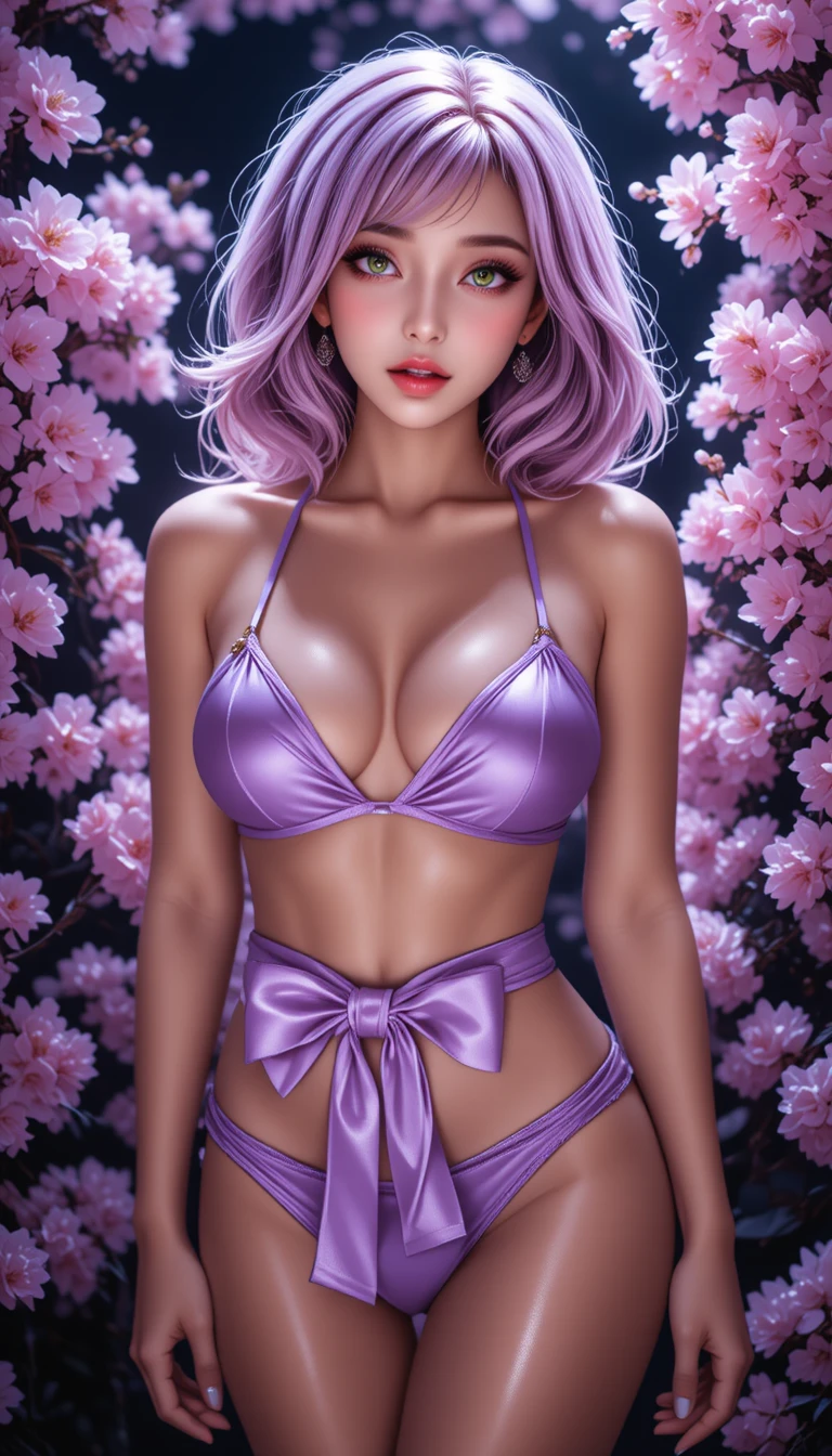 Sensual woman with purple hair in surreal cherry blossoms