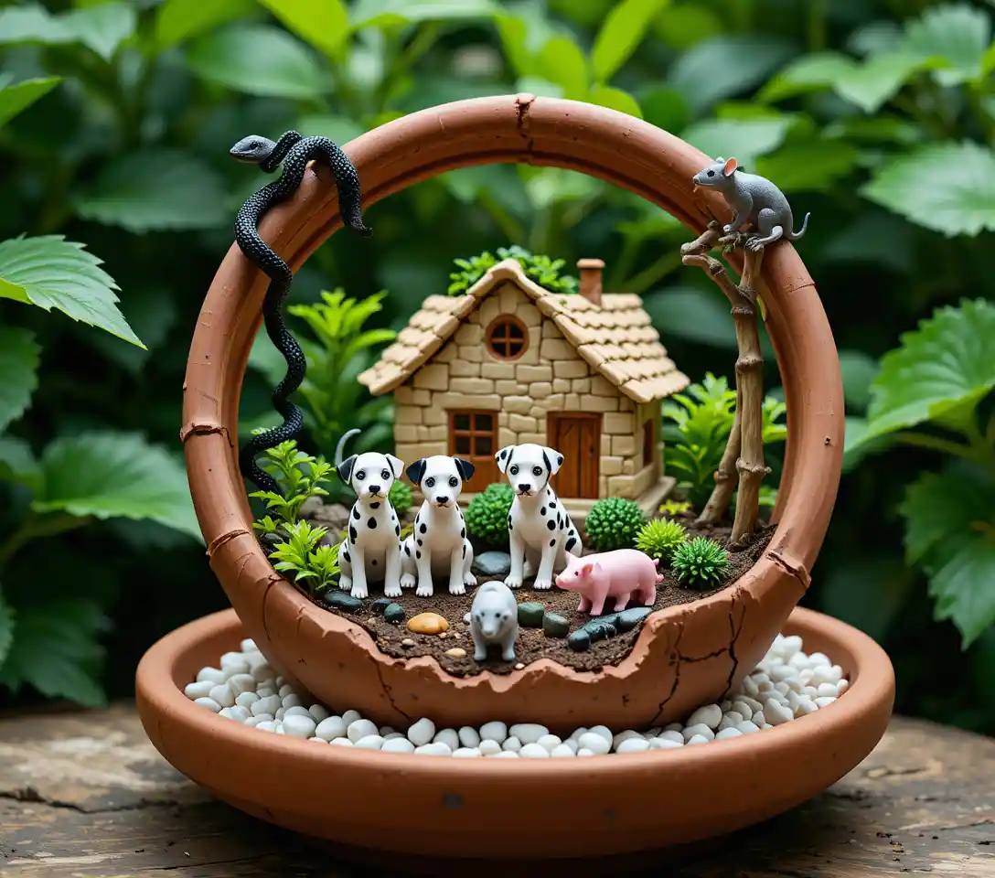 Miniature garden in broken flowerpot with animal figurines