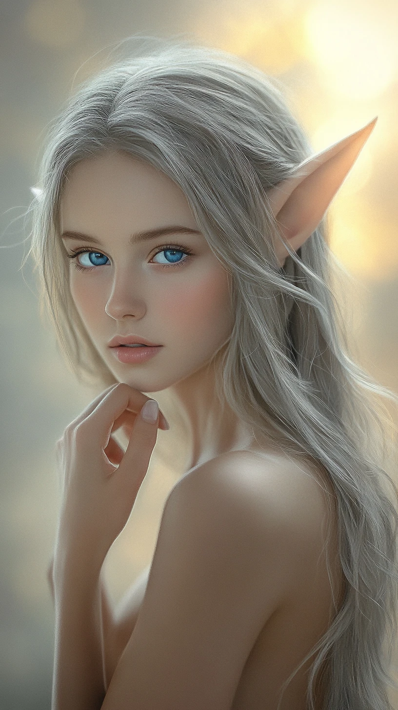 Melancholic elf girl with luminous blue eyes indoors