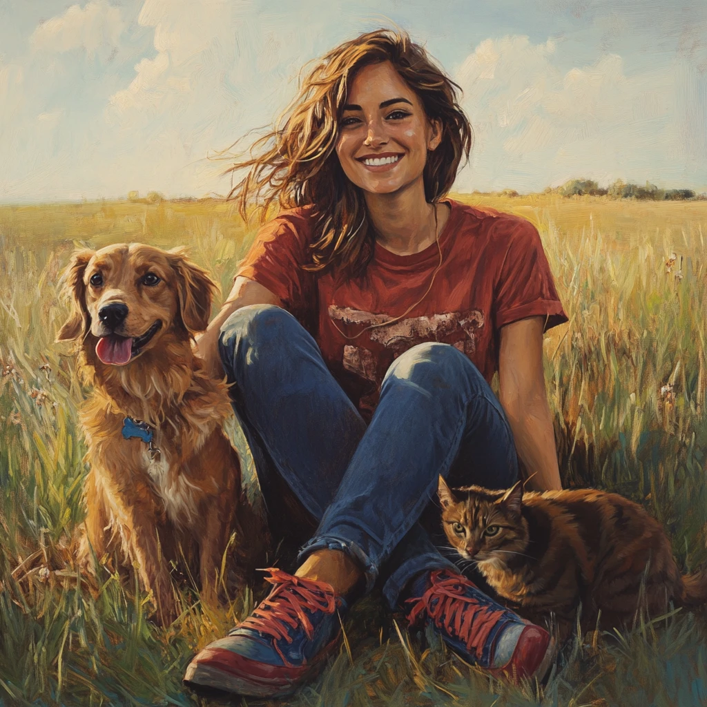 Young woman playing with dog and cat in a field