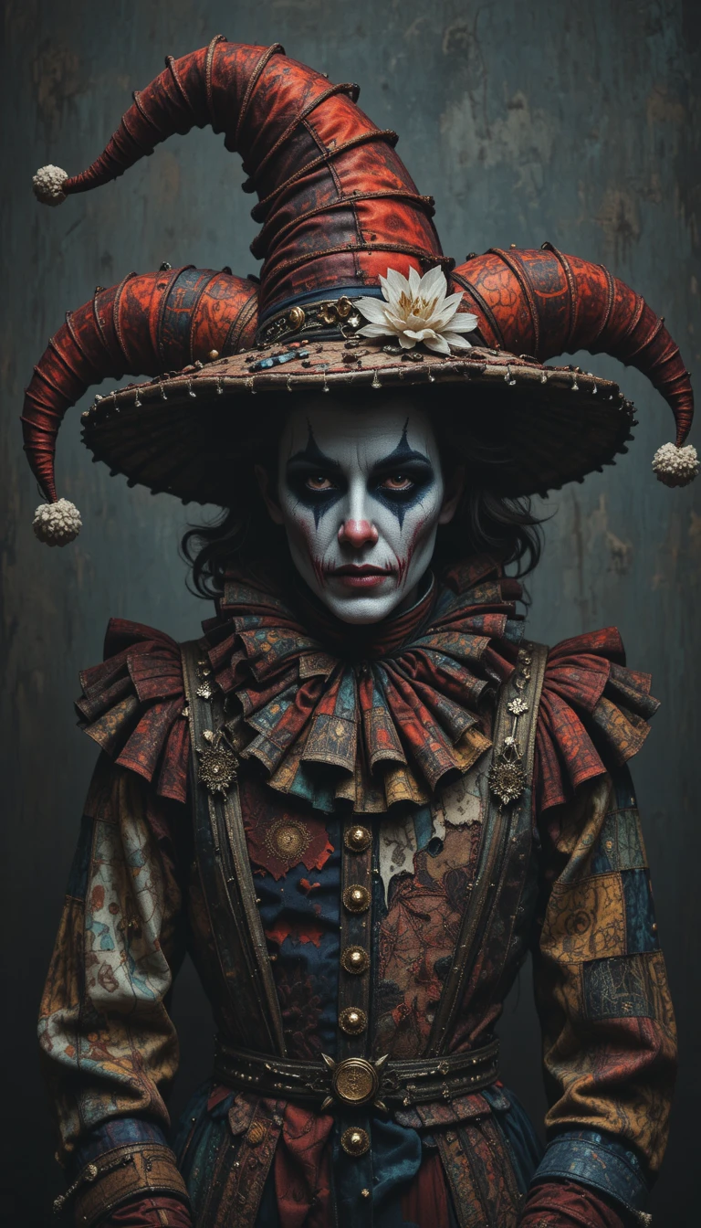 Medieval jester with red and black hat and face paint