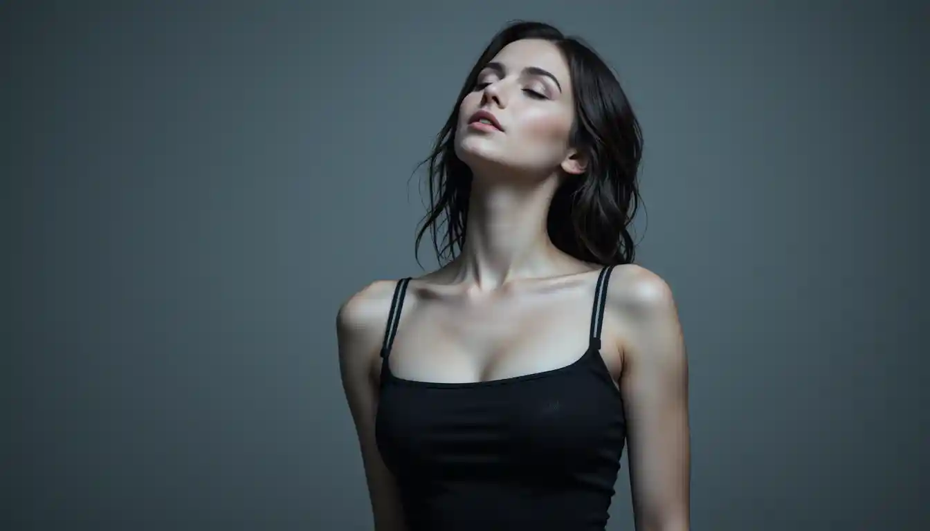 Donna dai capelli bagnati in top nero con la testa inclinata all’indietro