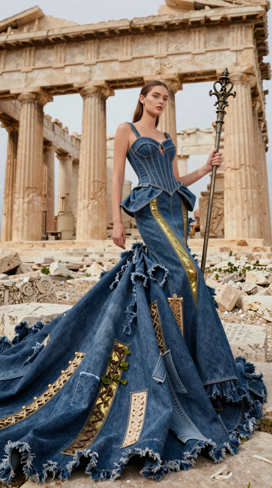 Statuesque model in denim gown amid ancient temple ruins