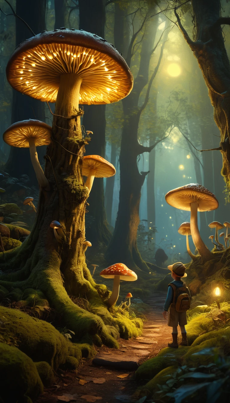 Enchanted forest with glowing mushrooms and ancient oak trees